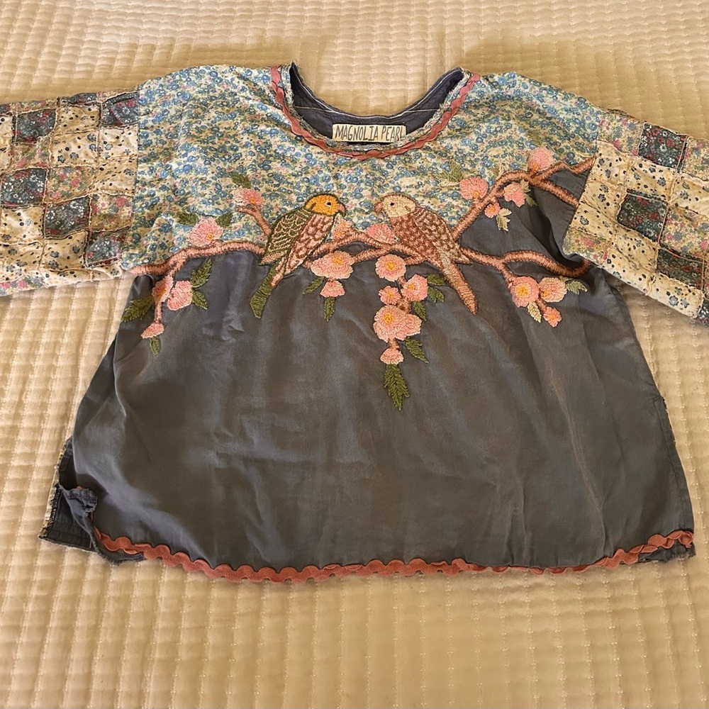 Magnolia Pearl Blue Floral Embroidered Bird Blouse